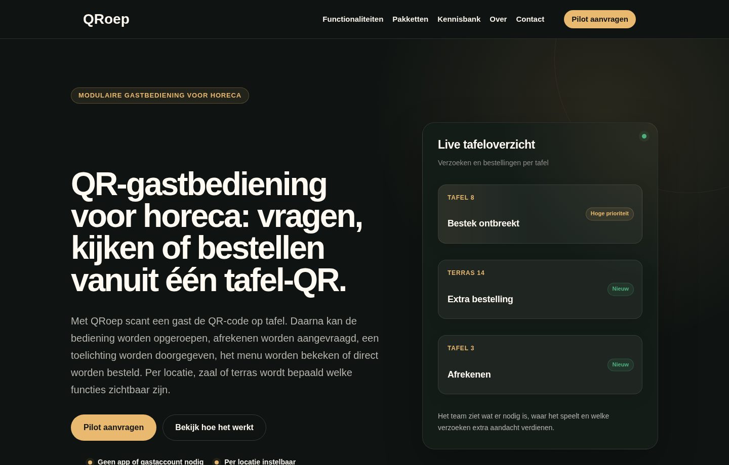 QRoep-productpagina voor QR-gastbediening met live tafeloverzicht als voorbeeldinterface